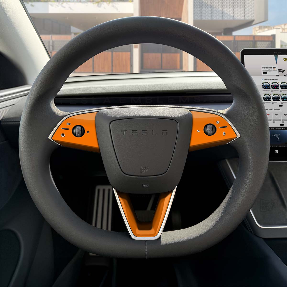 3M Gloss Deep Orange Tesla Steering Wheel Trim Decal Kit (3pcs) | MY 2026+ Refresh
