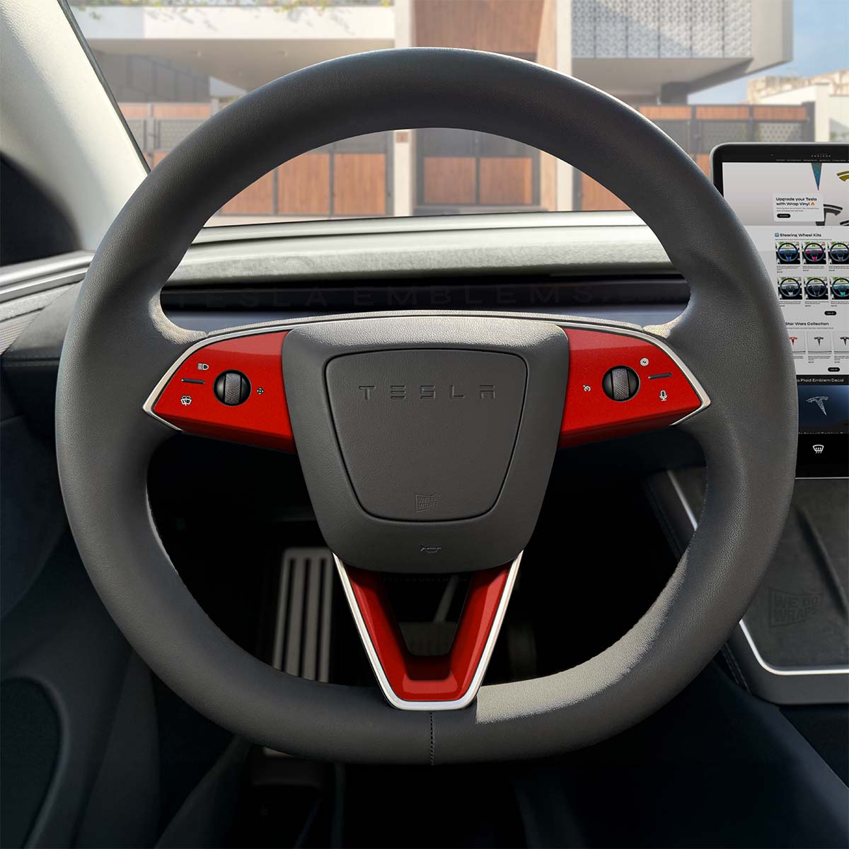 3M Gloss Dragon Fire Red Tesla Steering Wheel Trim Decal Kit (3pcs) | MY 2026+ Refresh