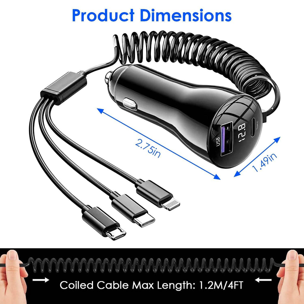 5-in-1 Fast Charge Car Charger QC PD USB Type C LT 5 Port with 4ft Coiled Cable