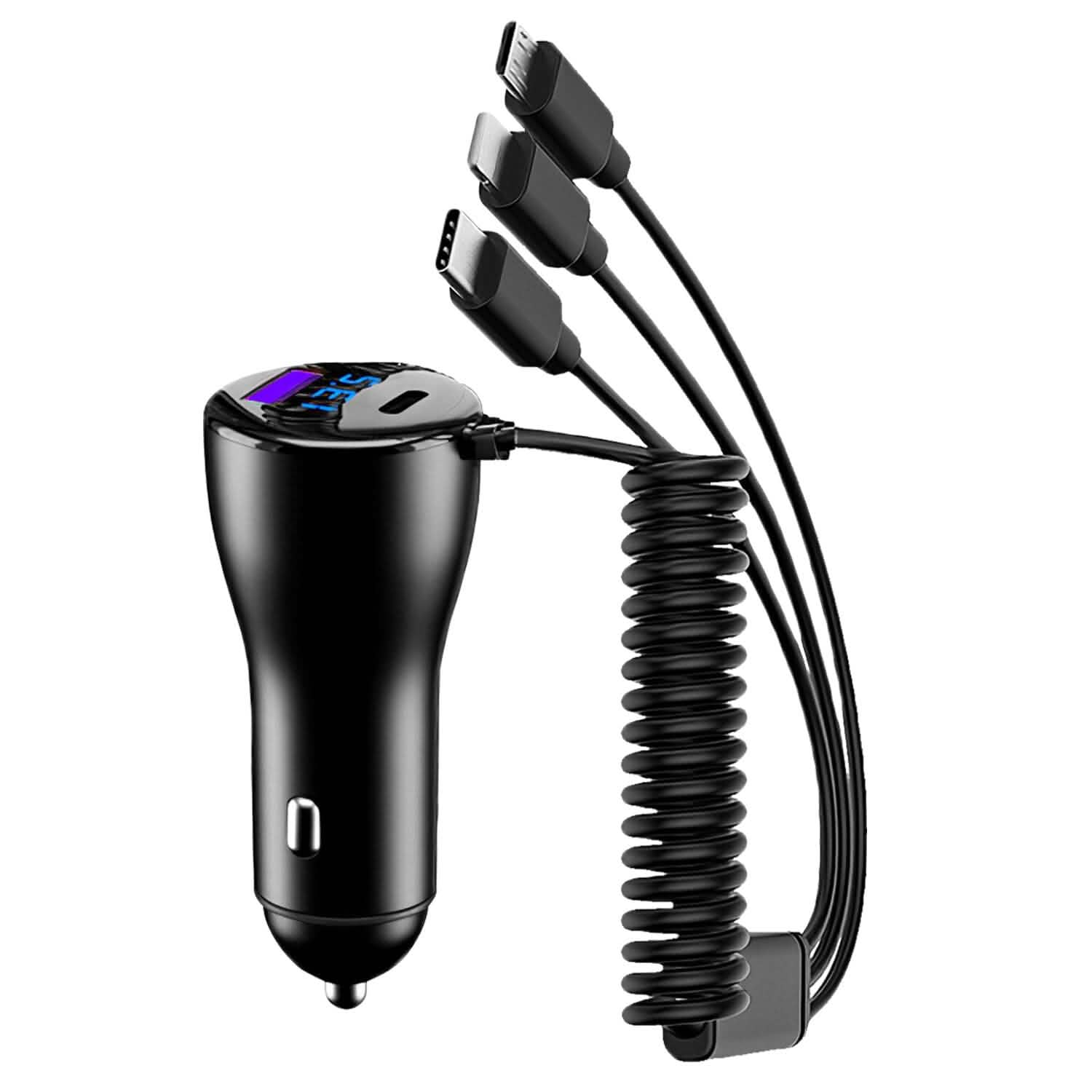 5-in-1 Fast Charge Car Charger QC PD USB Type C LT 5 Port with 4ft Coiled Cable